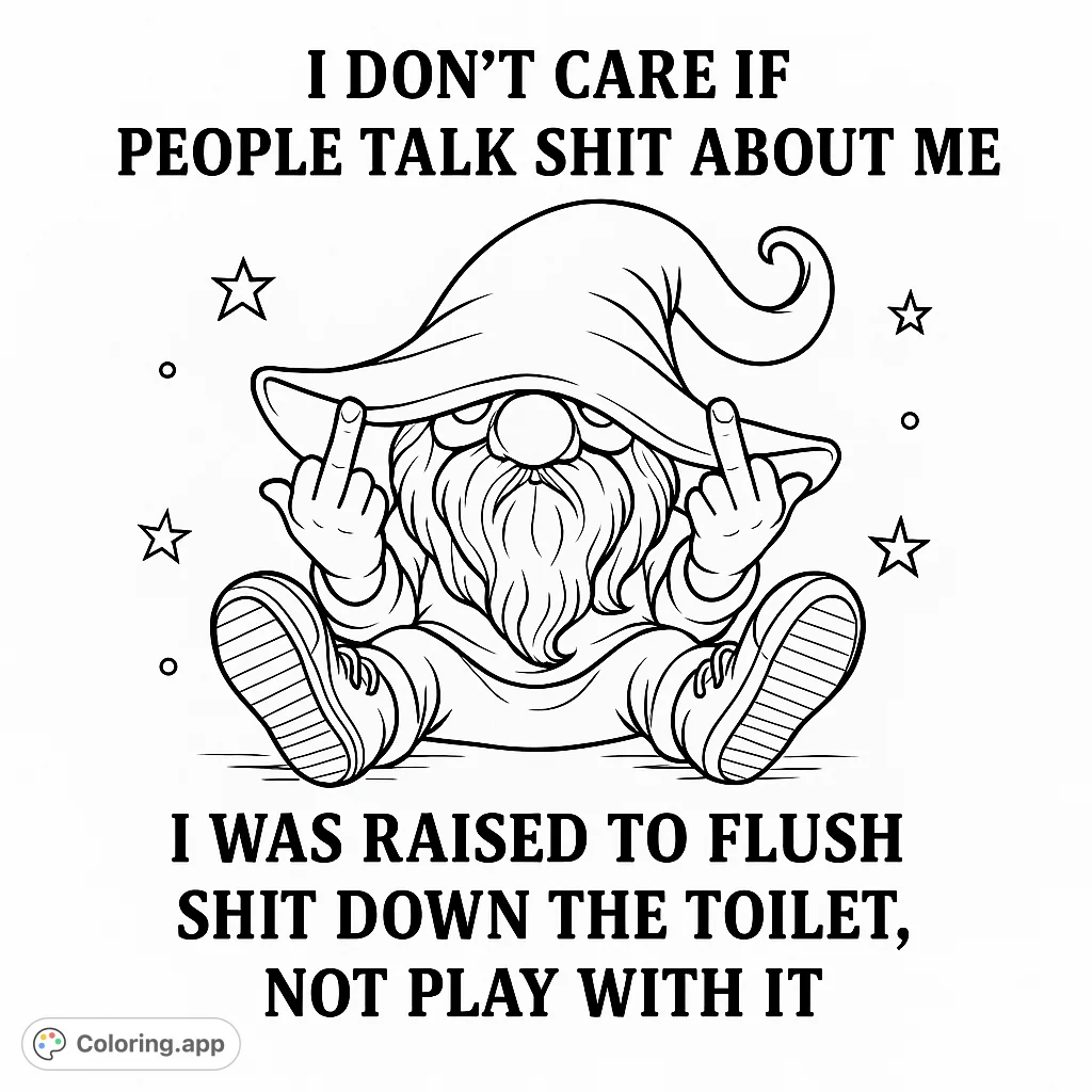 A bold, expressive gnome character with a large pointed hat and flowing beard, making a distinctive hand gesture. This unique coloring page offers an unconventional twist.