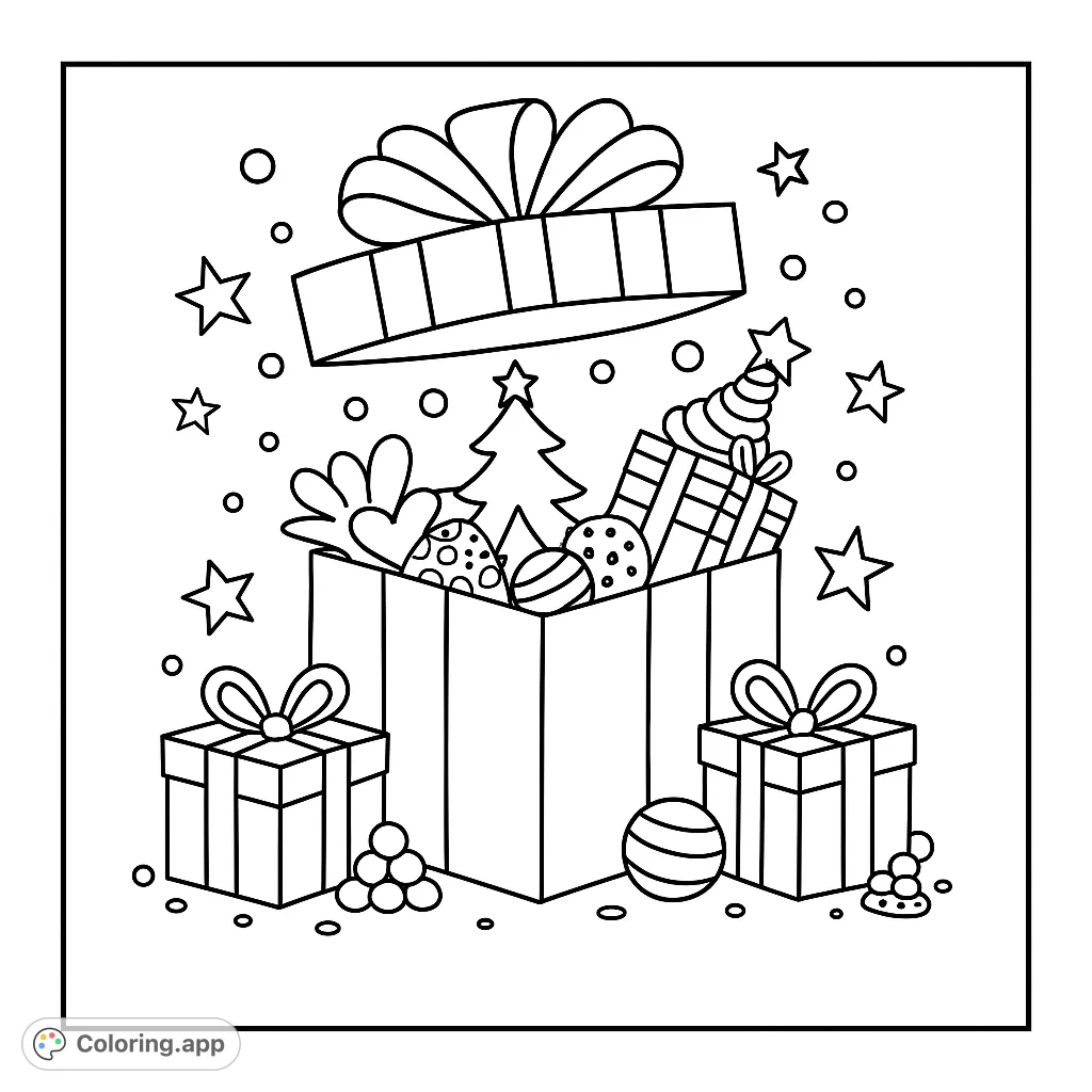 Unwrap the joy with this festive coloring page featuring a large open gift box overflowing with presents, ornaments, and star shapes for holiday cheer.