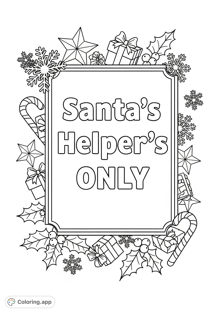 Get festive with this delightful "Santa's Helper's ONLY" door sign coloring page, adorned with whimsical Christmas designs perfect for holiday fun!