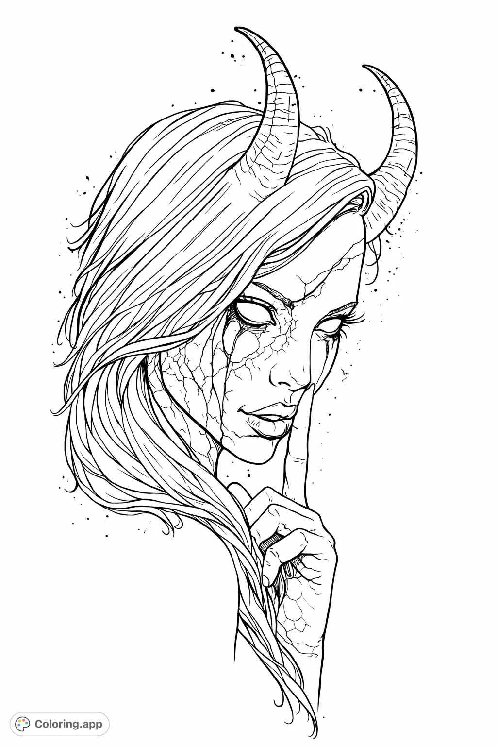 An intricate coloring page featuring a mysterious horned female figure with flowing hair and intense features, perfect for fantasy and gothic art enthusiasts.