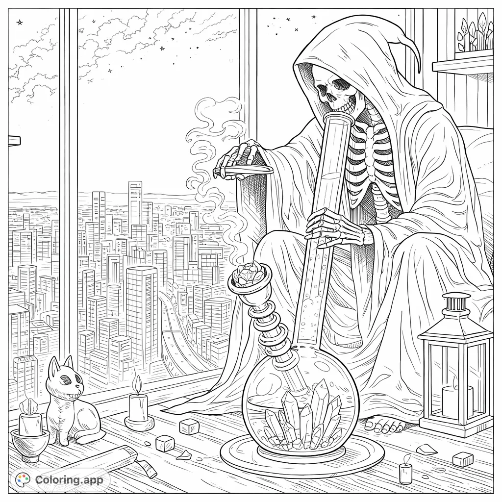 An intricate coloring page featuring a cloaked skeletal figure holding a crystal-filled device, overlooking a detailed futuristic cityscape at night.