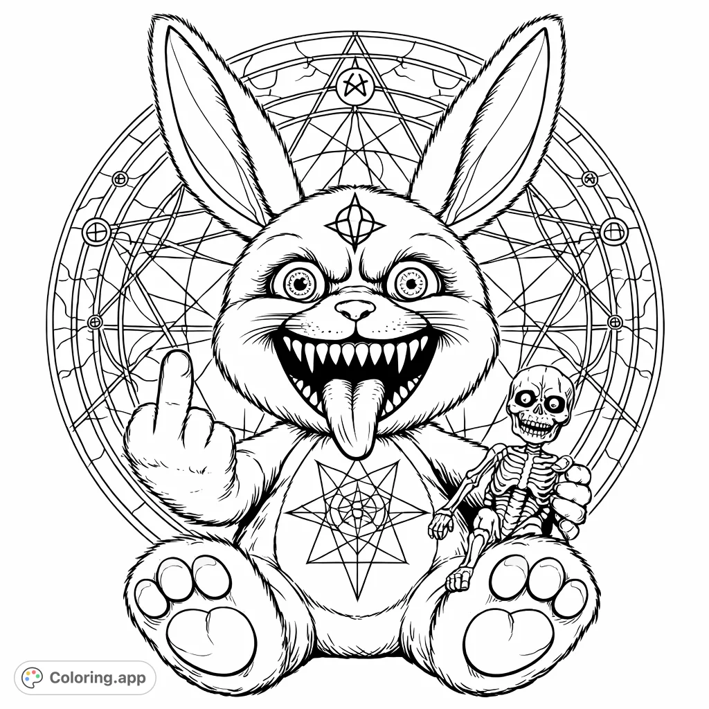 A menacing plush rabbit with a wide grin, inverted cross, and spiderweb belly, holding a skeletal doll against a mystical geometric backdrop.