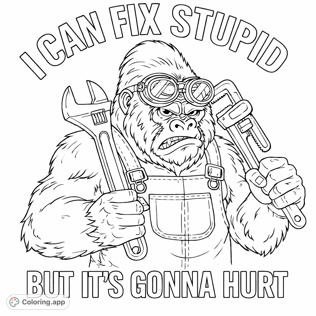 A muscular gorilla in overalls and goggles, gripping two wrenches with a determined expression. Features humorous text for a fun coloring challenge.