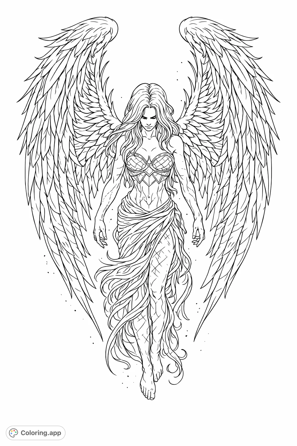 A powerful winged figure stands, adorned in intricate patterns and grand feathers, evoking strength and mystery. Perfect for detailed coloring.