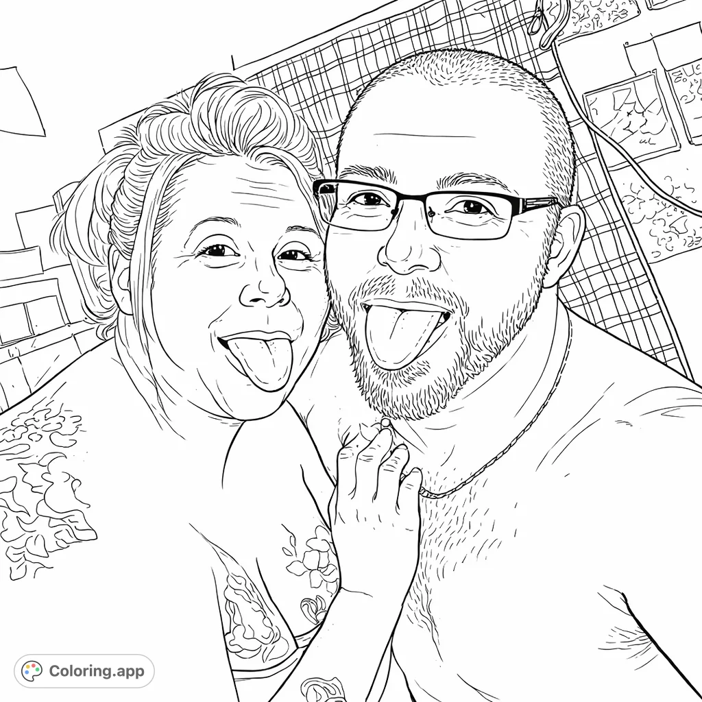 A fun, playful coloring page featuring a man and a woman sticking out their tongues, perfect for personalizing with creative expressions and intricate details.