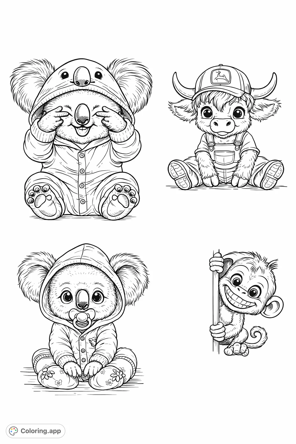 An adorable baby koala in a cozy hooded sleeper, playfully covering its eyes with its paws and sticking out its tongue. Perfect for a charming coloring activity.