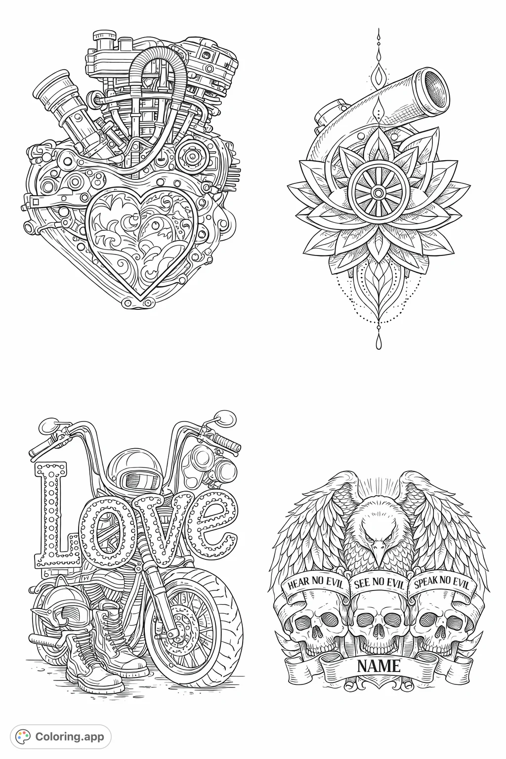 Intricate motorcycle gear and engine parts spell 'LOVE' against a distressed background. Perfect for adult coloring enthusiasts and biker culture fans.