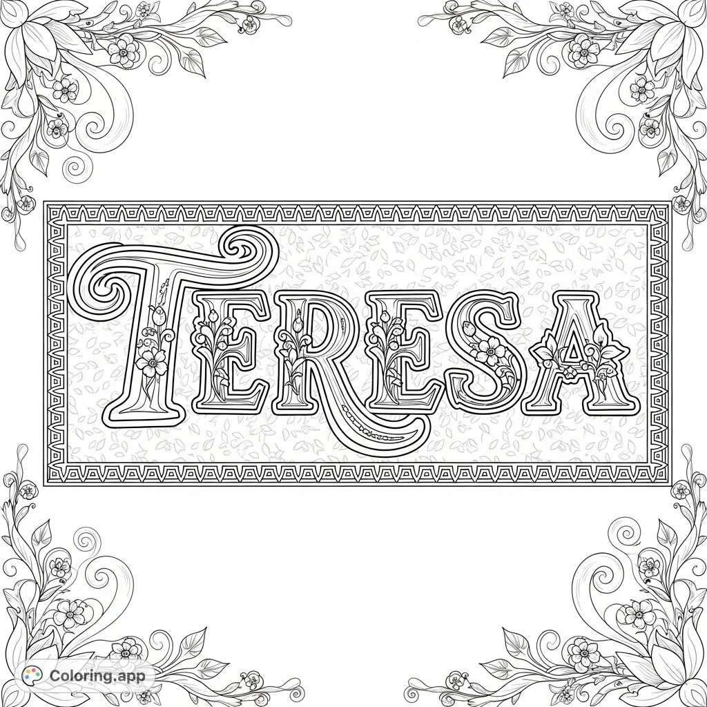 A beautiful Teresa coloring page featuring ornate script lettering with floral details and a decorative border. Perfect for personalization or a thoughtful gift.