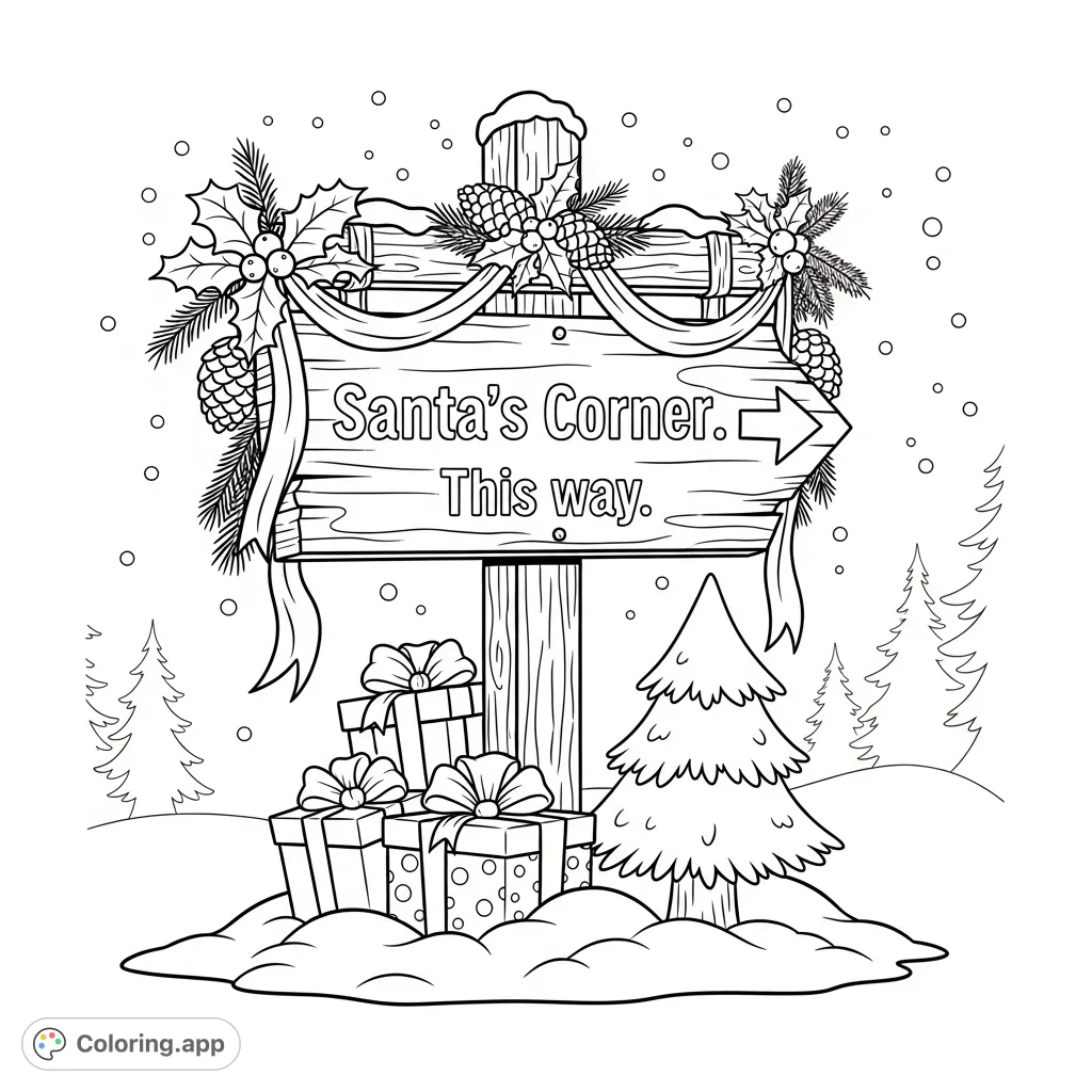 Santa Coloring Sign Santa's Corner Directional Sign - Coloring.app