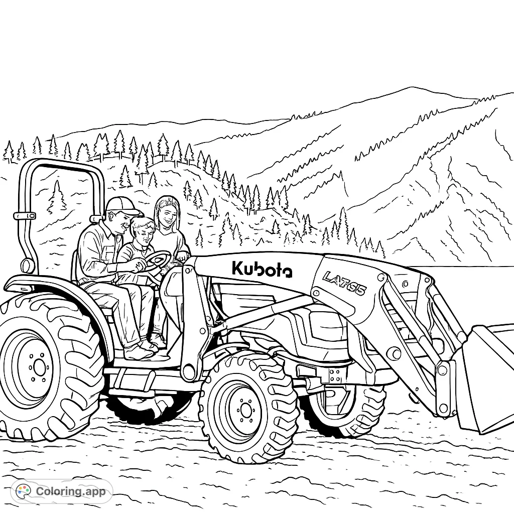 Embark on a farming adventure! This free printable tractor coloring page features a family enjoying a ride on a powerful farm vehicle with a mountainous backdrop.