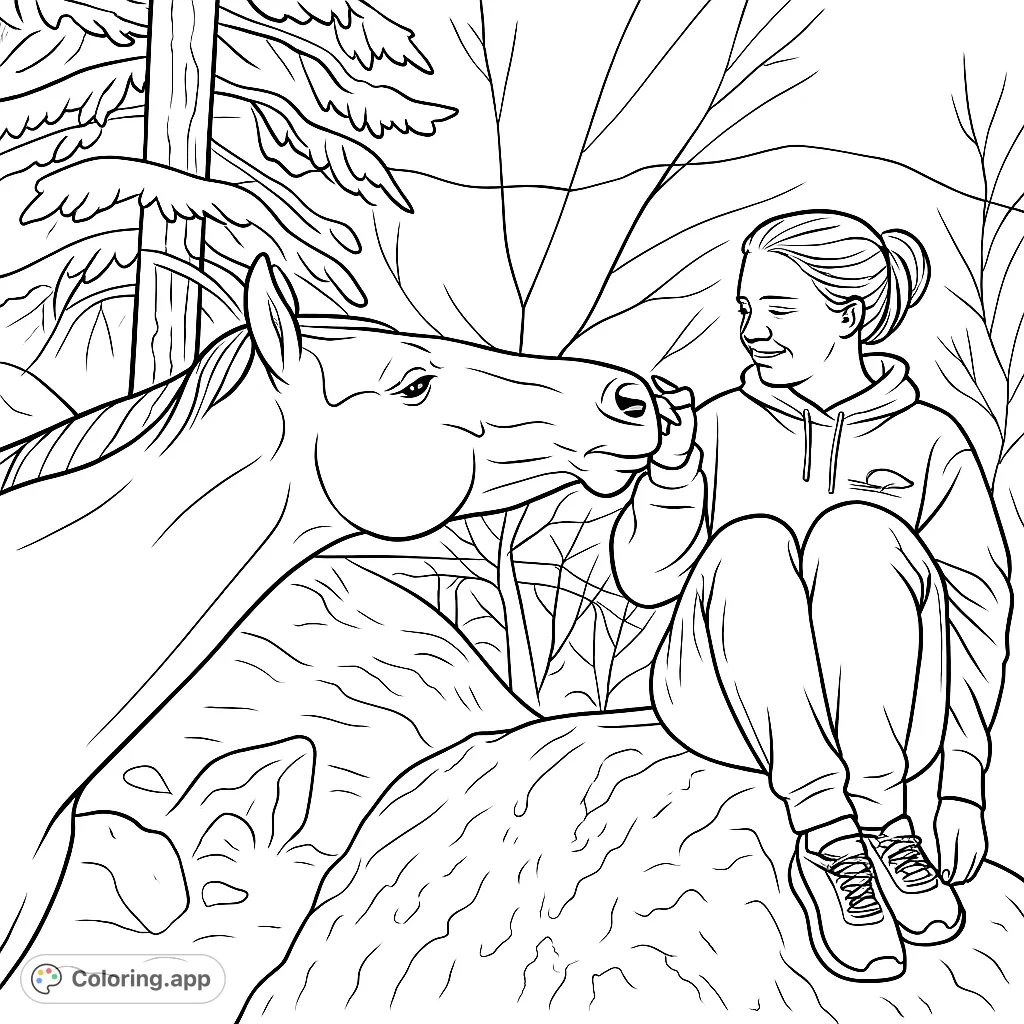 A heartwarming horse and human bond coloring page. A young woman sitting on rocks gently interacts with a horse in a serene outdoor setting.