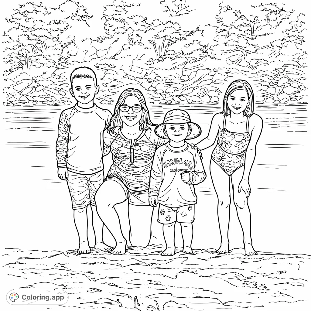 Join four cheerful children on a riverside adventure! This delightful coloring page features smiling kids on a sandy bank with a scenic river and wooded hillside backdrop.
