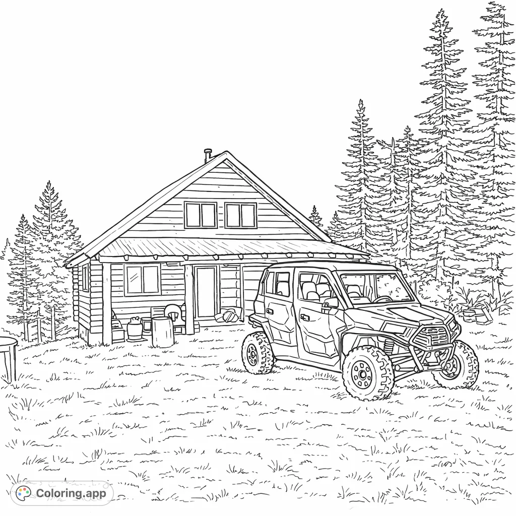Explore a rustic log cabin nestled among tall pines with a rugged off-road vehicle parked nearby. A detailed wilderness scene for creative coloring.