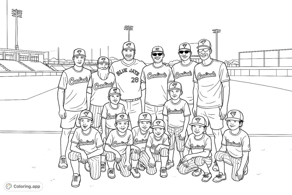 Capture the spirit of teamwork with this baseball team coloring page. Featuring players and coaches on the field, ready for a fun coloring session.