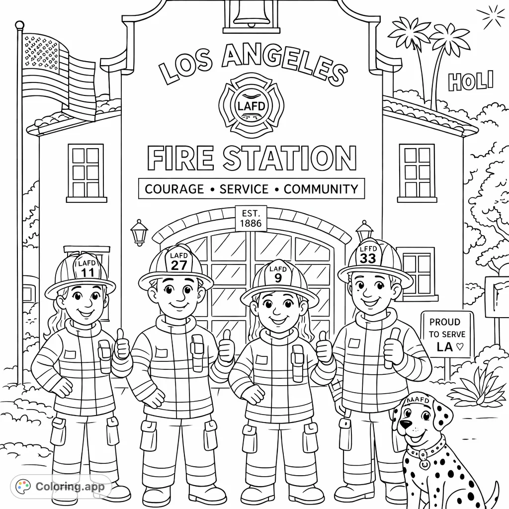 Celebrate local heroes with this Los Angeles fire station coloring page featuring firefighters, their dalmatian mascot, and iconic LA landmarks. A detailed scene for aspiring heroes!
