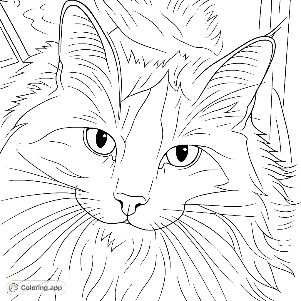A detailed cat coloring page featuring a regal feline with expressive eyes, intricate fur patterns, and long whiskers, perfect for animal lovers.