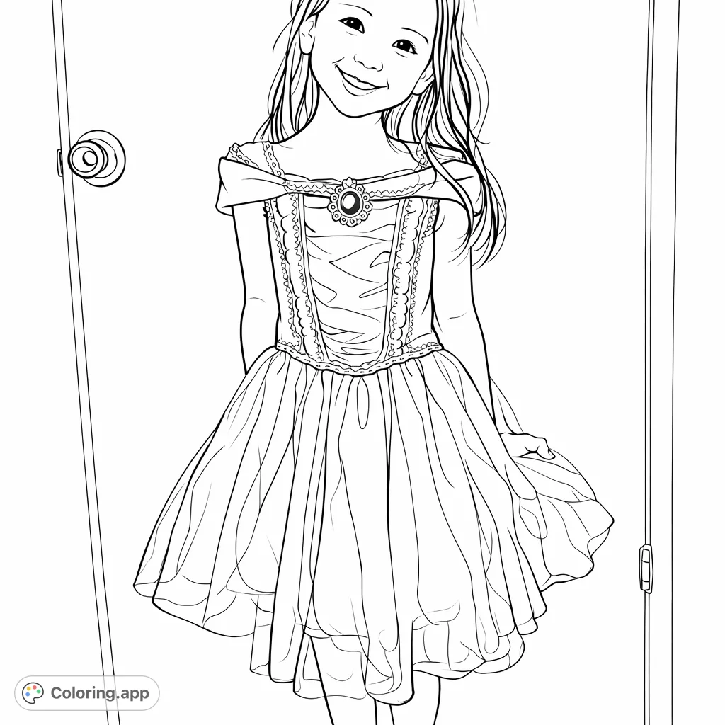 A delightful coloring page featuring a smiling girl in a beautiful princess gown, perfect for dreaming of royal adventures and creative expression.