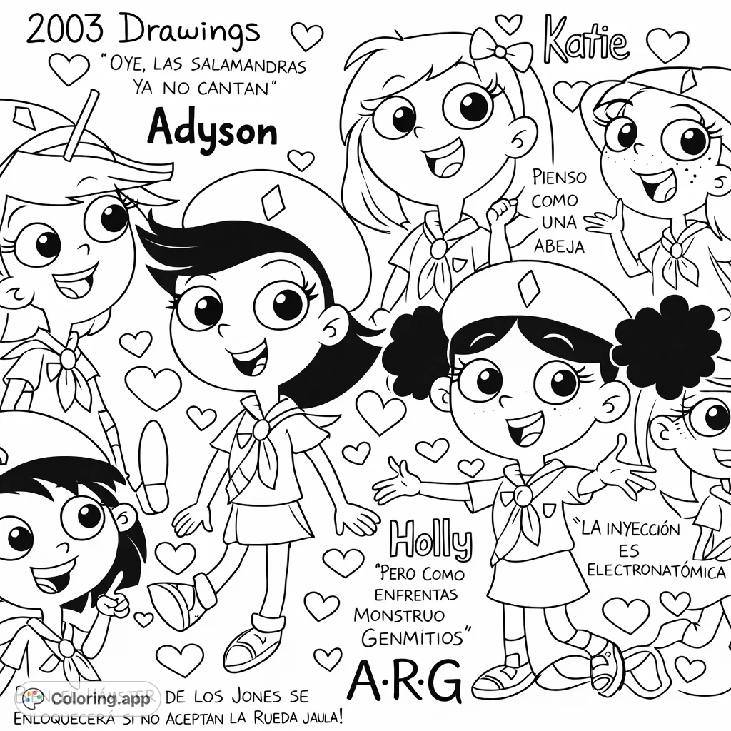 A fun coloring page featuring several cheerful cartoon girls in scout-like uniforms, surrounded by hearts and playful text.