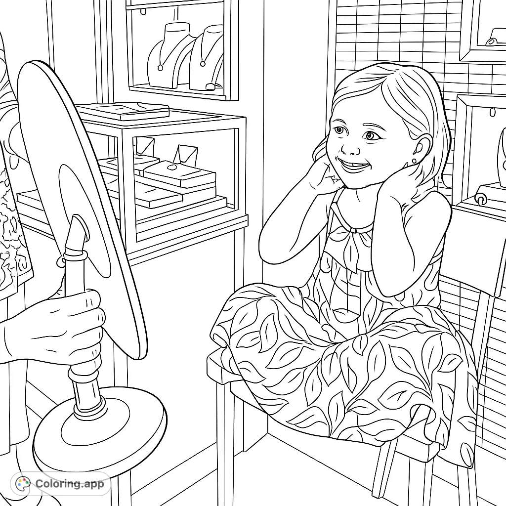A delighted young girl sits in a store, admiring new earrings in a mirror. Features intricate patterns on her dress and detailed jewelry displays.