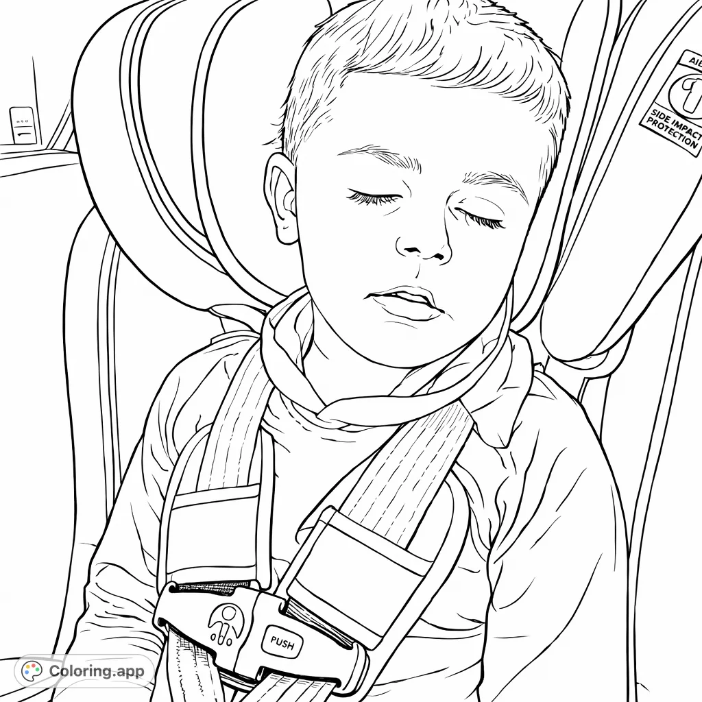 A peaceful young boy sleeps soundly in his car seat, secured by a safety harness. A heartwarming scene ready for your creative touch.
