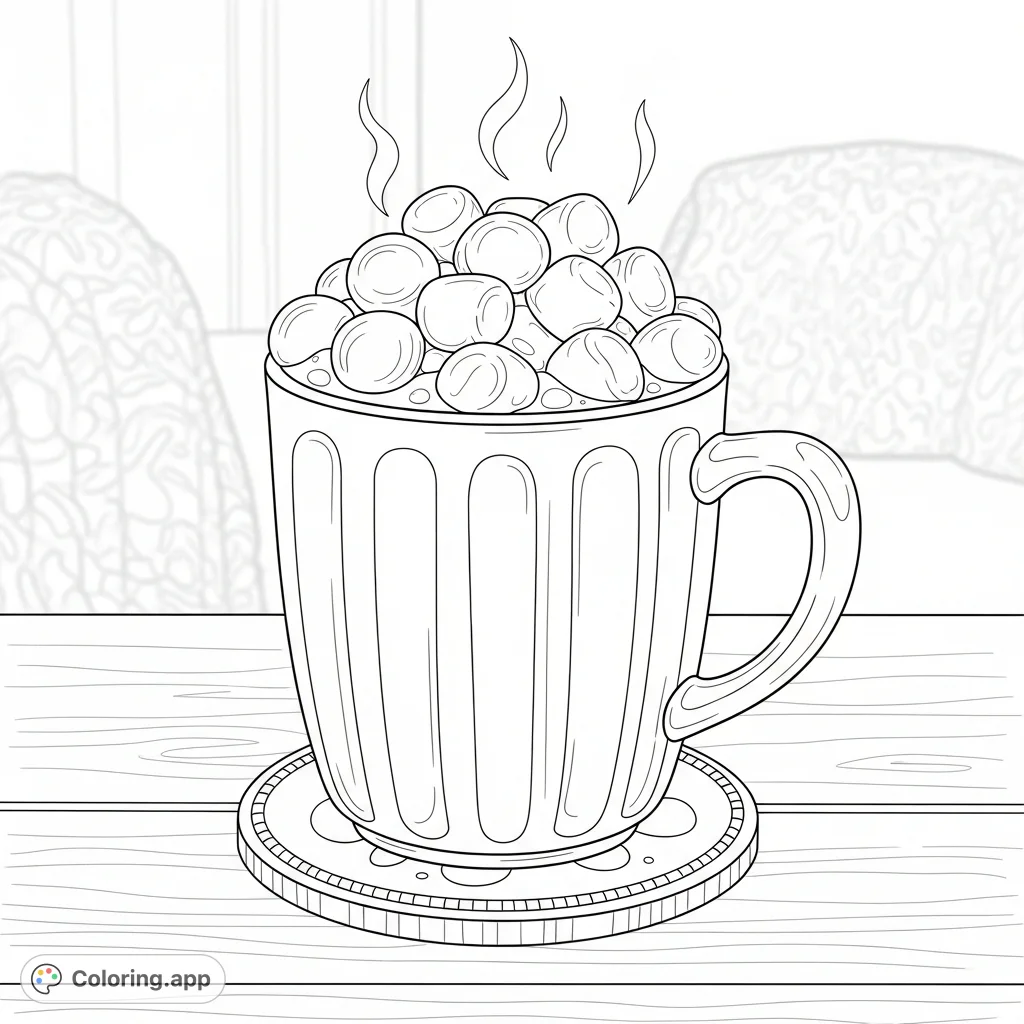 A comforting scene of a steaming mug of hot chocolate, generously topped with fluffy marshmallows, perfect for a cozy coloring session.