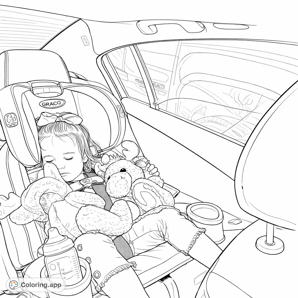 A peaceful child sleeps soundly in a car seat, surrounded by beloved plush moose toys and a sippy cup, a heartwarming scene perfect for a quiet moment.