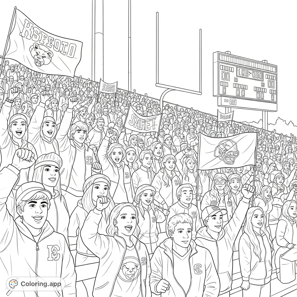 Capture the electrifying energy of a high school football game with a bustling crowd of cheering students, complete with stadium details and spirited banners.
