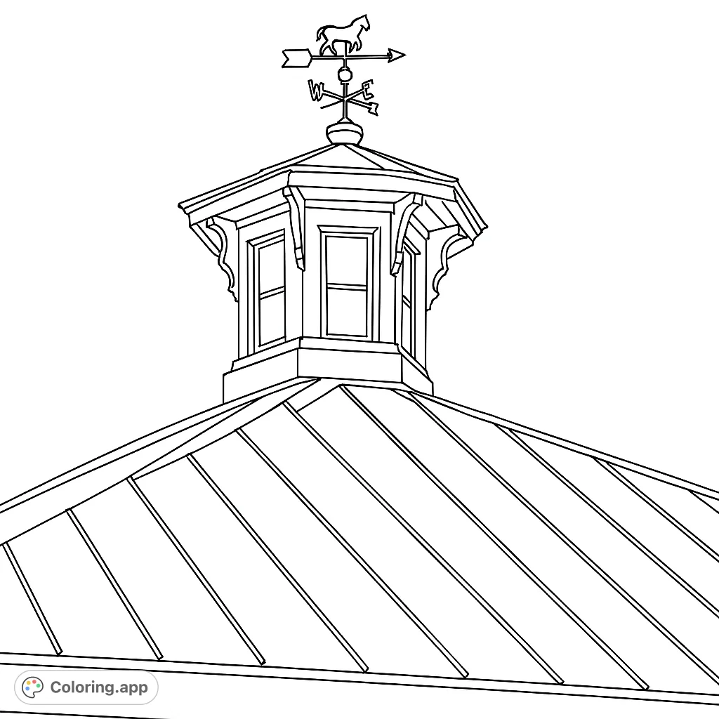 A charming cupola with a horse weathervane sits on a detailed roof. A delightful architectural design to color, perfect for all ages and skill levels.