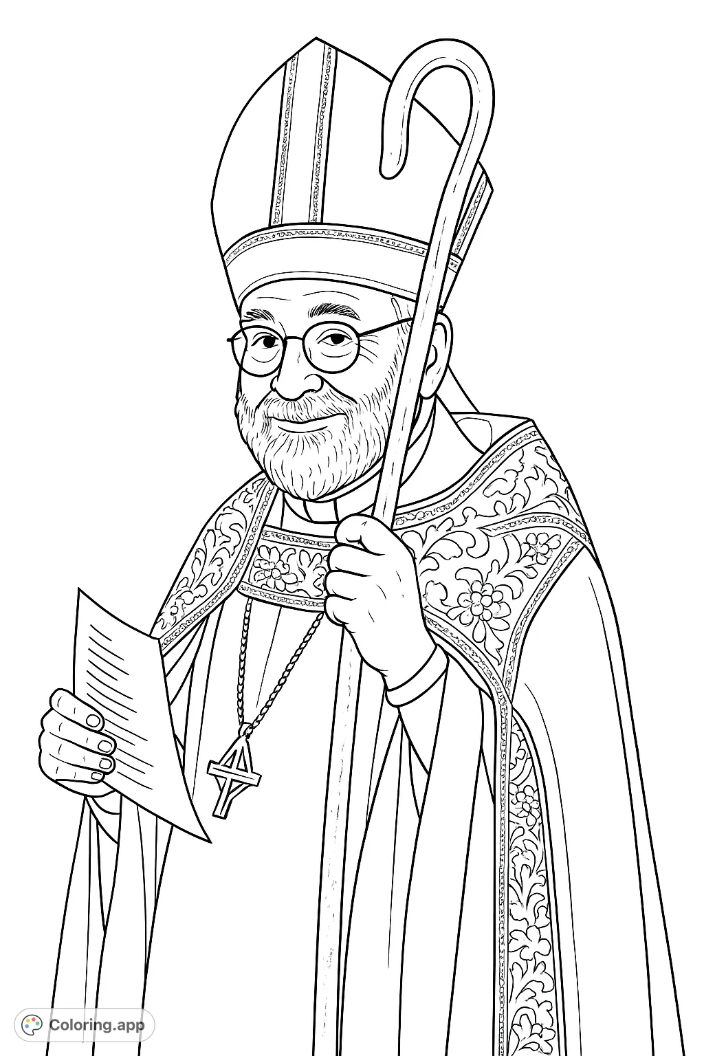 An endearing bishop in full vestments, holding a crozier and paper, offers a warm smile. This religious figure coloring page invites peaceful reflection and creativity.