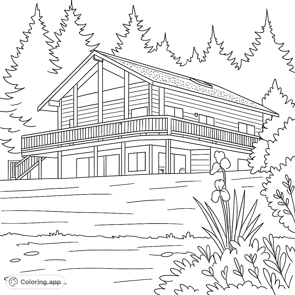 Color this charming house nestled on a grassy slope, surrounded by dense evergreen trees. Featuring a large deck and A-frame windows, it's a perfect scene for relaxation.