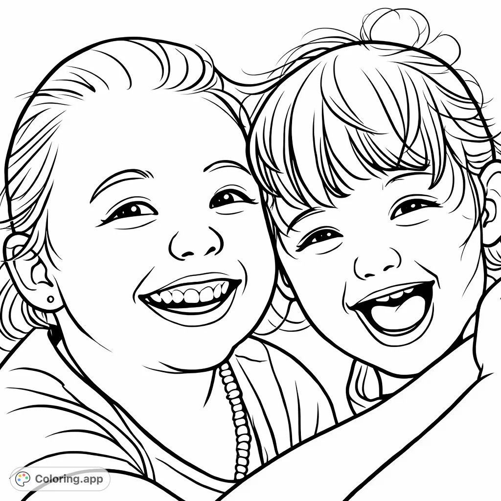 A heartwarming coloring page featuring two happy children with radiant smiles, capturing a moment of pure joy and friendship, perfect for expressive coloring.