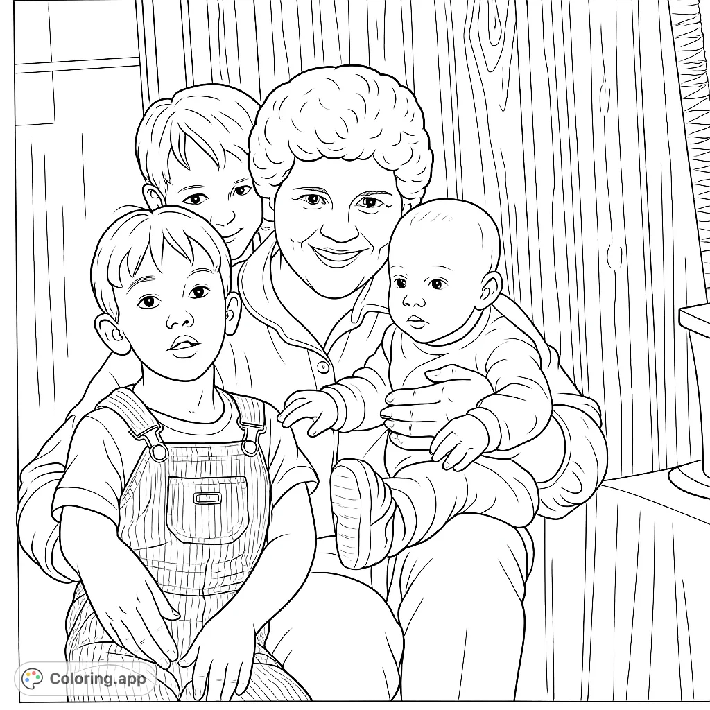 A heartwarming family portrait coloring page featuring a smiling woman embracing three children, including a baby, set against a wood-paneled background.