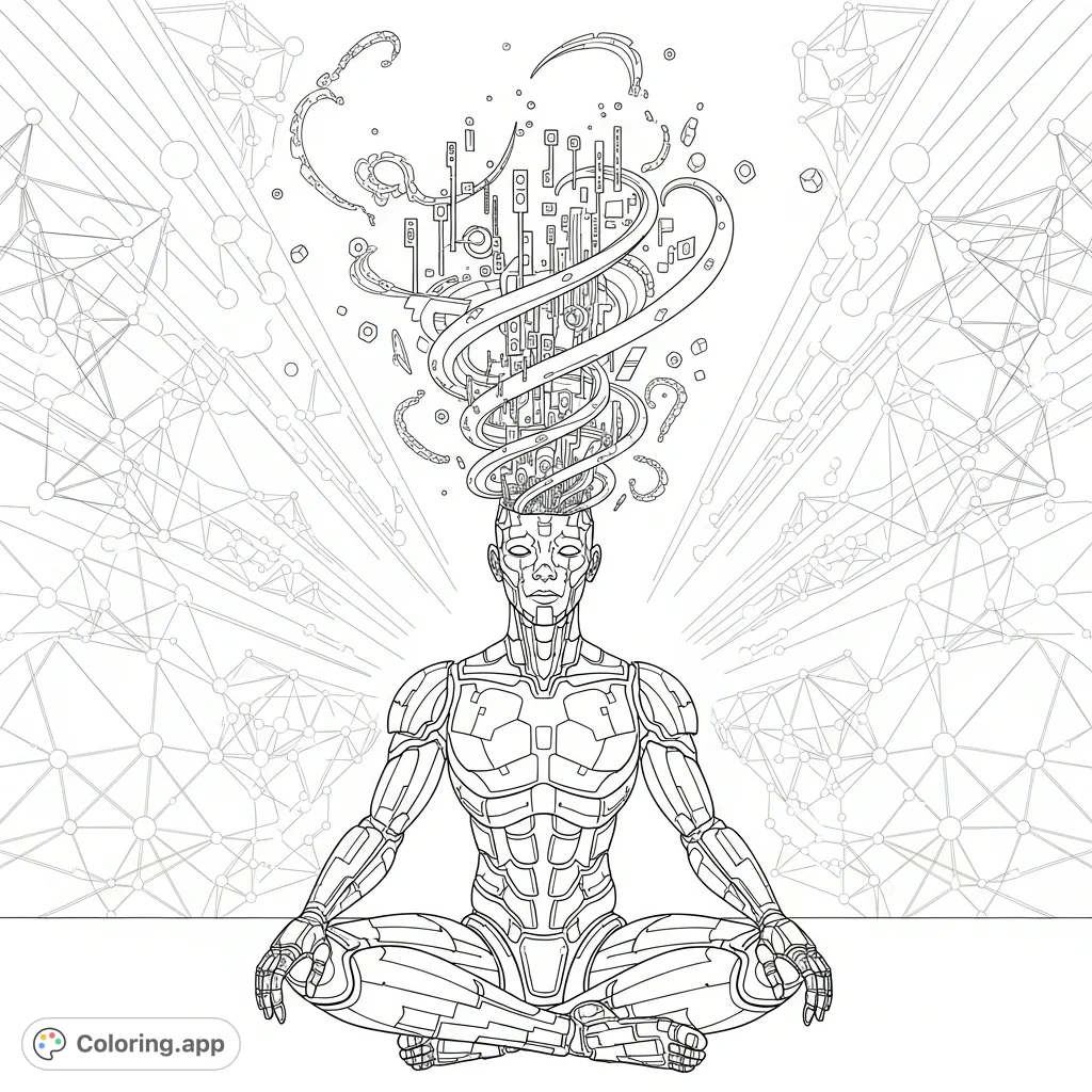 Explore a self-aware entity amidst digital streams and luminous networks. This intricate coloring page invites reflection on consciousness and technology.