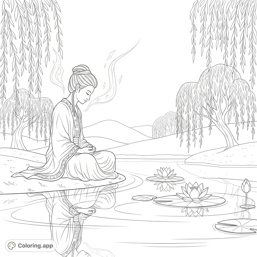A tranquil coloring page featuring a solitary figure in quiet reflection by a still pond, surrounded by nature. Perfect for mindful coloring.