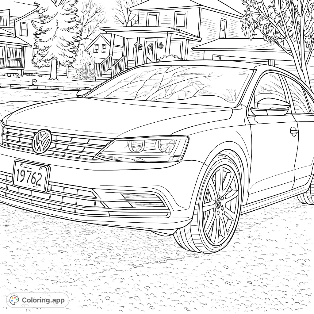 Color a detailed modern sedan with intricate wheels, a distinctive grille, and reflections, set against a suburban backdrop on a gravel surface.