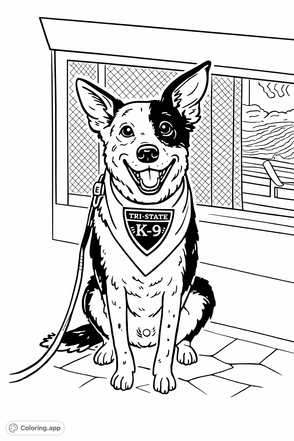 A charming cartoony dog with a wide smile and a special bandana, ready for a playful coloring adventure. Simple, bold outlines make this a fun page for all ages.