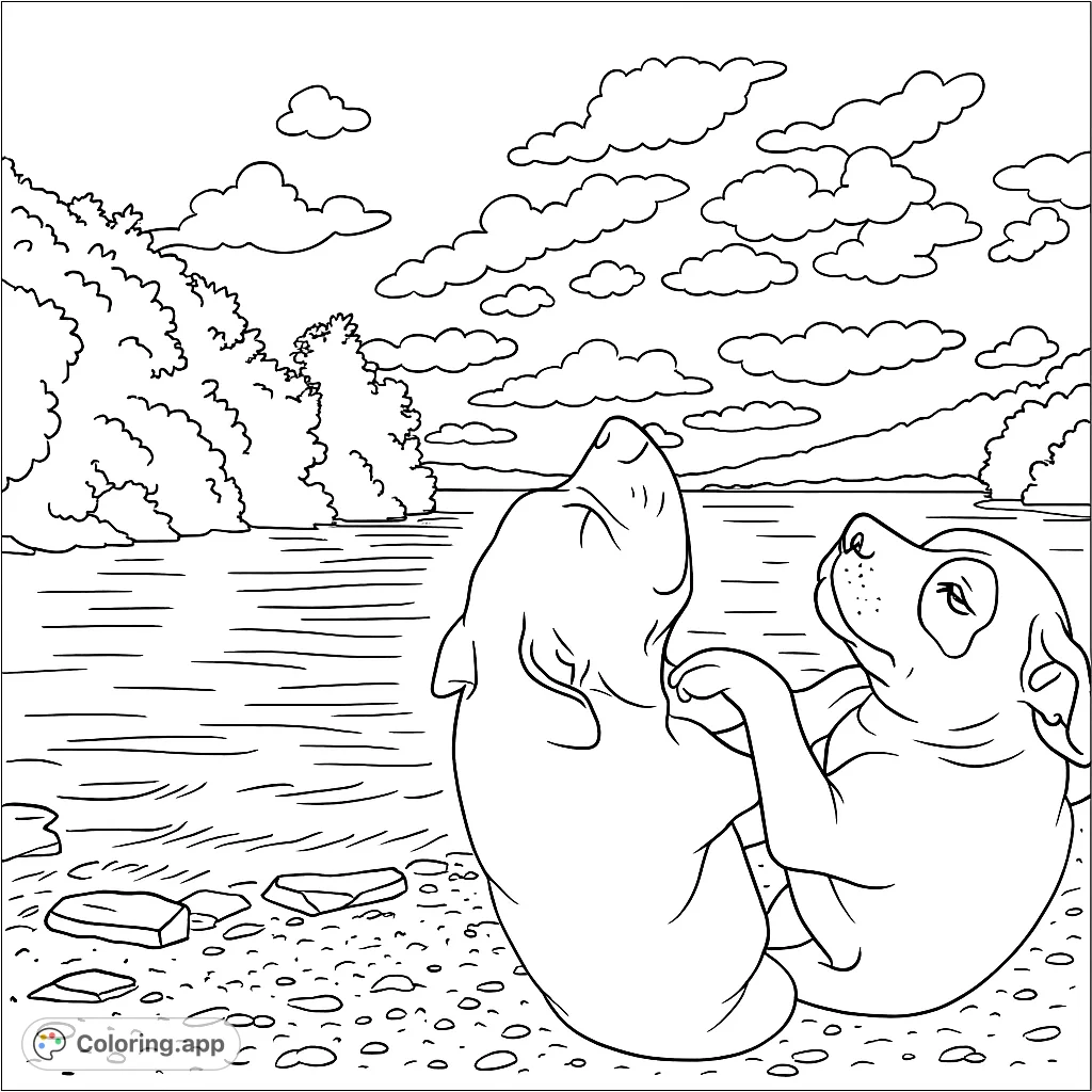 Two loyal dogs sit together by a serene lake, gazing at a dramatic sky. A heartwarming scene of friendship for all ages to color and cherish.