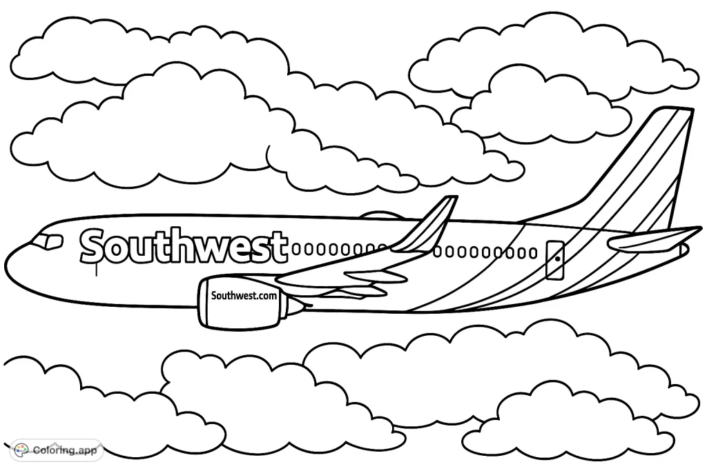 Soar into creativity with this detailed airliner coloring page. Featuring a modern passenger jet flying through a cloudy sky, it's perfect for aviation fans.