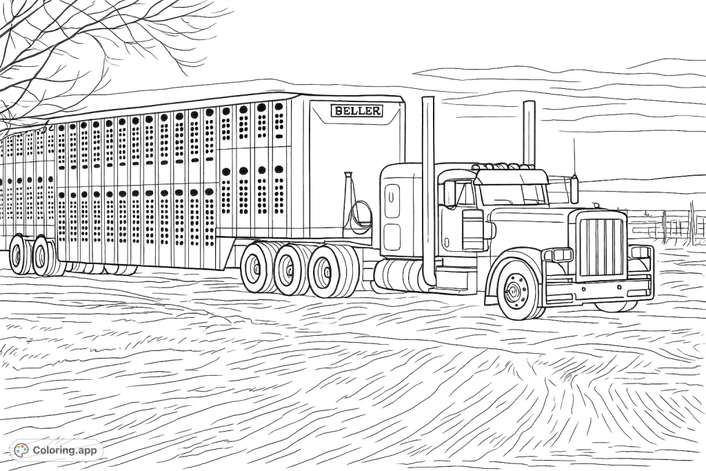 Classic Semi Truck and Livestock Trailer - Coloring.app