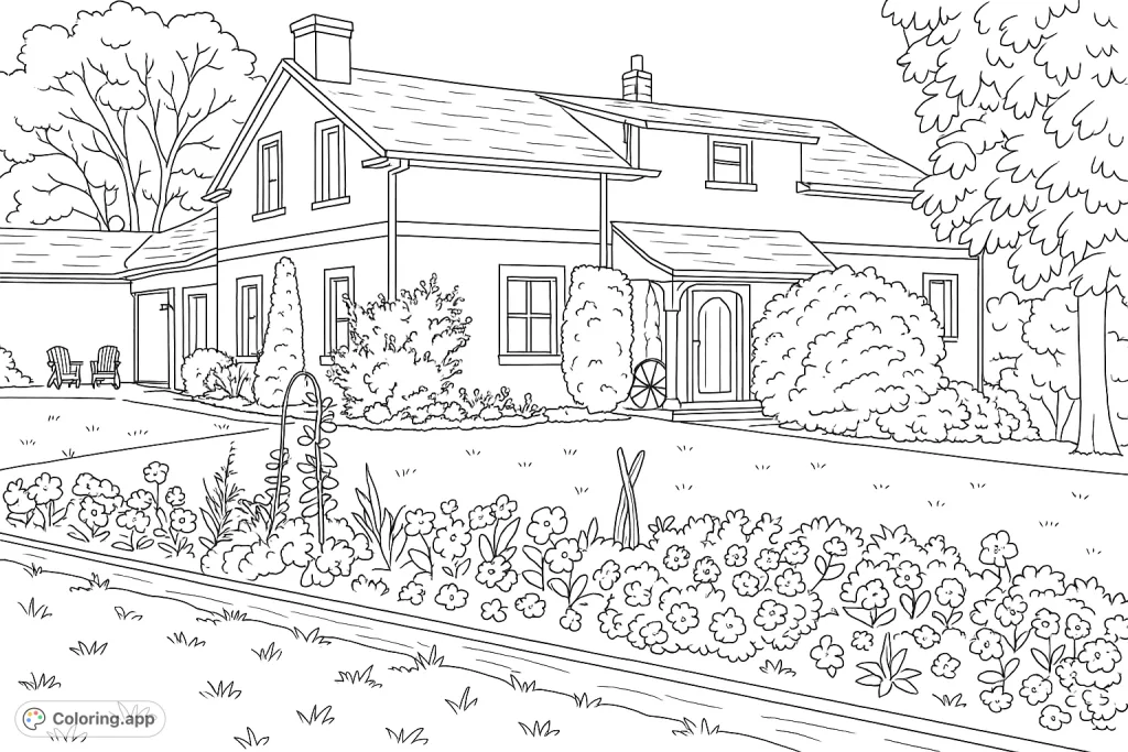 Color a charming house with a gabled roof, inviting front porch, and extensive flower gardens. A peaceful domestic scene for creative expression.