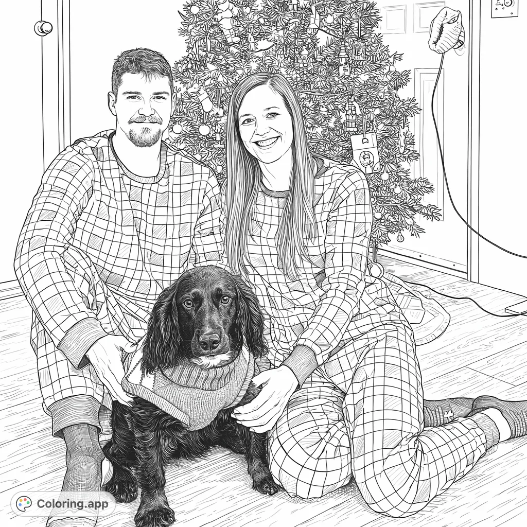 Capture the warmth of the holidays with this cozy scene of a couple and their beloved dog in matching plaid pajamas, gathered by a decorated tree.