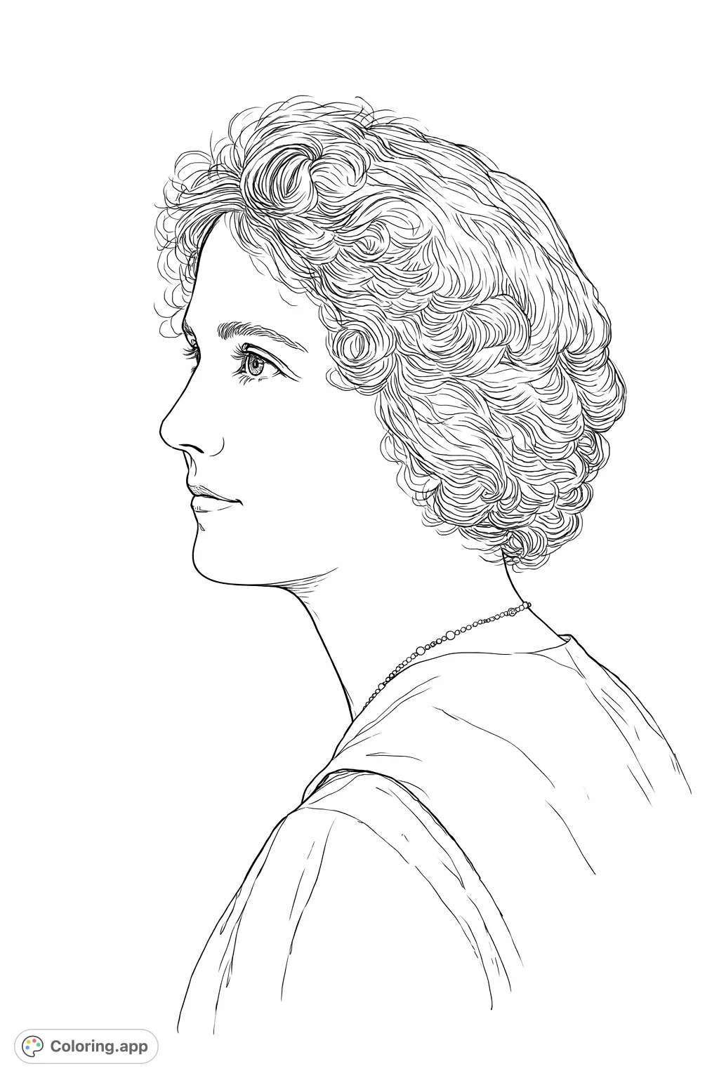 A detailed profile portrait of an elegant woman with meticulously styled wavy hair and a delicate beaded necklace. Perfect for realistic human subjects and historical themes.