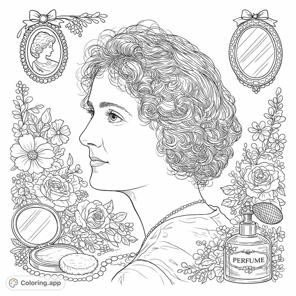 Capture timeless beauty with this detailed vintage profile of an elegant woman. Intricate hair and delicate jewelry for a sophisticated coloring experience.