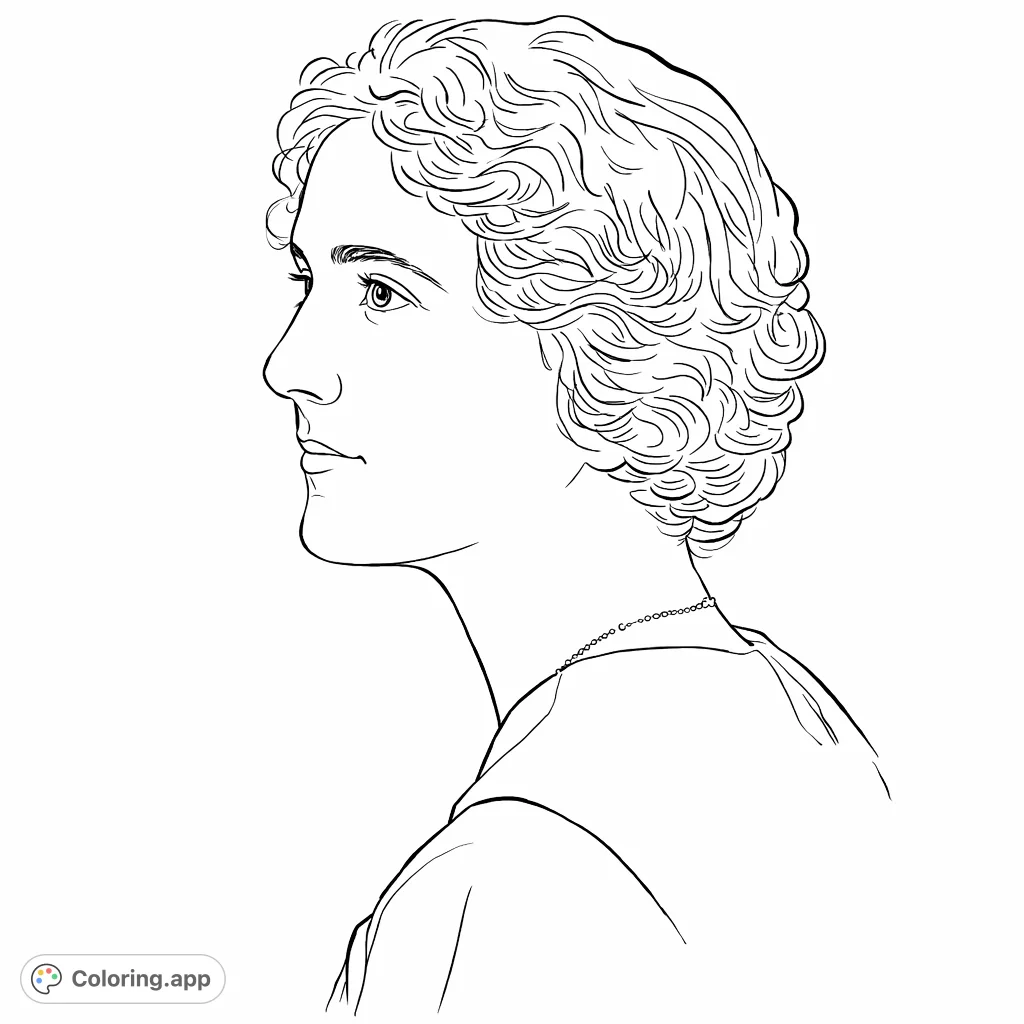 Color this elegant profile portrait of a woman with soft features and a classic wavy hairstyle, wearing a simple collared top and a delicate necklace. A free printable realistic portrait coloring page perfect for mindful coloring.