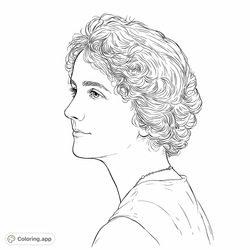 Capture timeless elegance with this realistic profile portrait of a woman. Features soft curls, a delicate necklace, and a serene expression for mindful coloring.