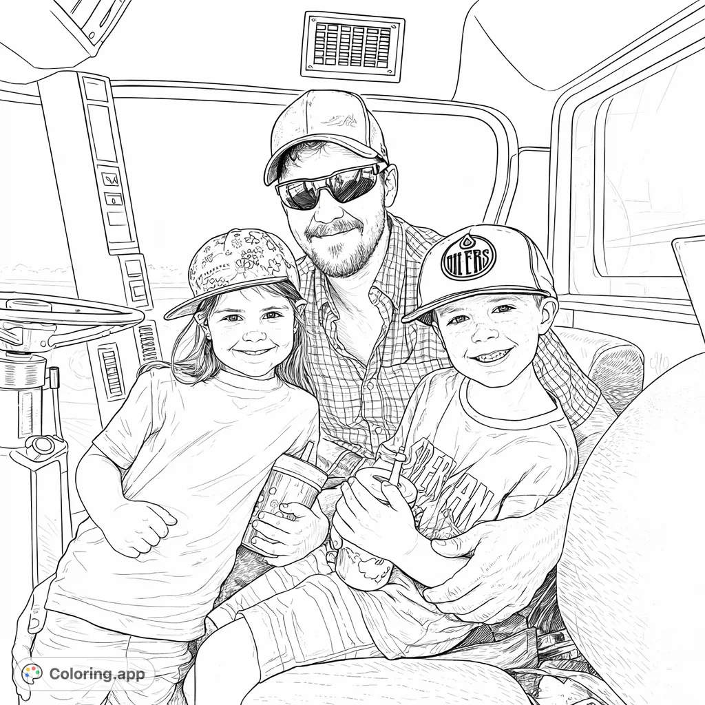 A heartwarming farm life coloring page featuring a man and two cheerful children inside a tractor, celebrating family bonds and agricultural heritage.