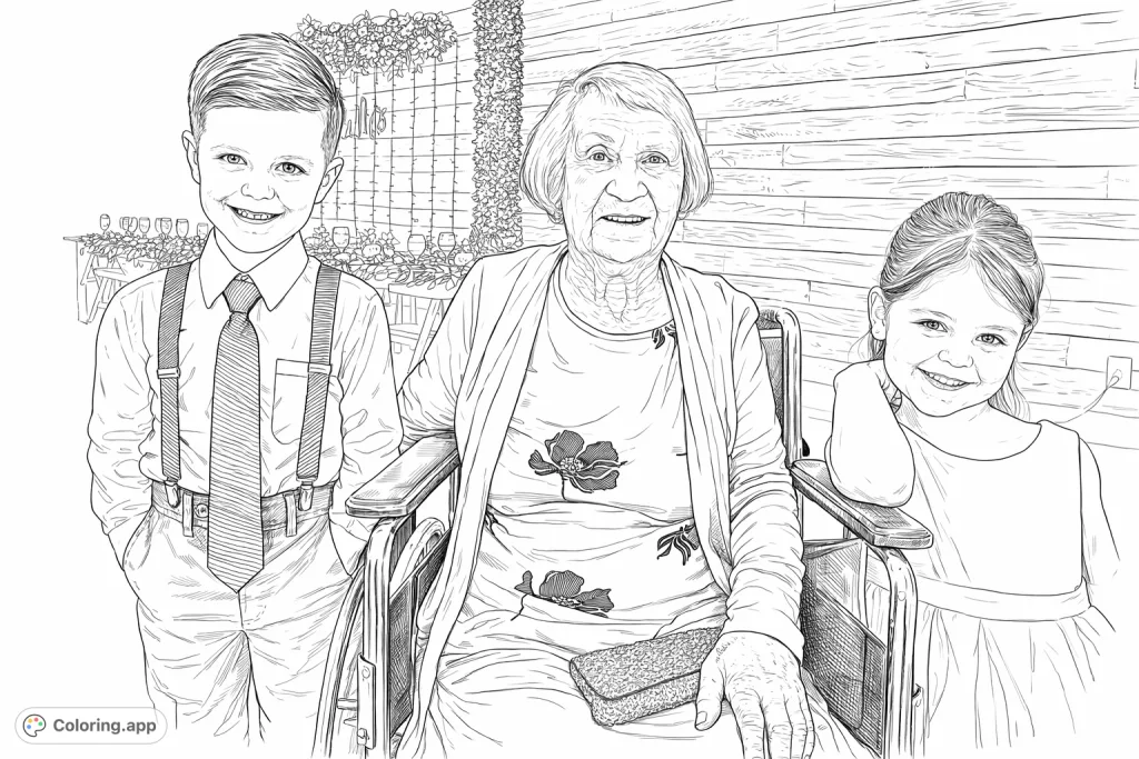 A heartwarming family gathering coloring page featuring a grandmother with two joyful children, set against a festive, rustic backdrop.