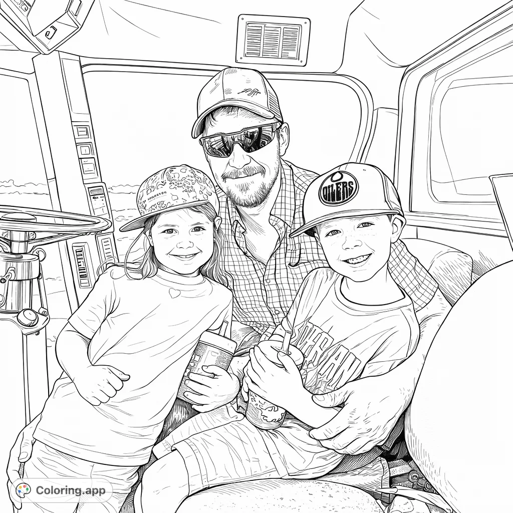 A heartwarming farm family ride with dad and two smiling children in a tractor cabin, surrounded by agricultural machinery and open fields. Perfect for family fun.