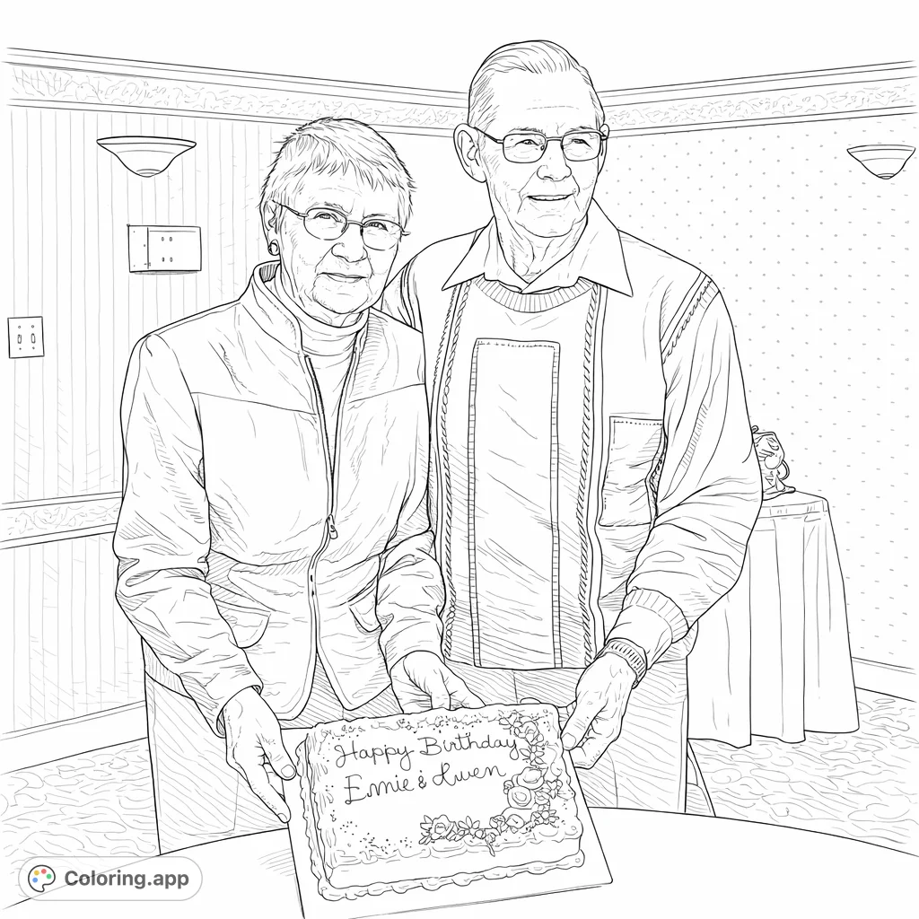 A delightful birthday coloring page featuring a happy elderly couple holding a decorated cake, ready for a special celebration. Perfect for all ages.