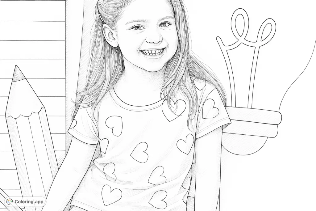 A delightful coloring page featuring a smiling child surrounded by oversized school supplies like a pencil and lightbulb. Inspire creativity and learning!